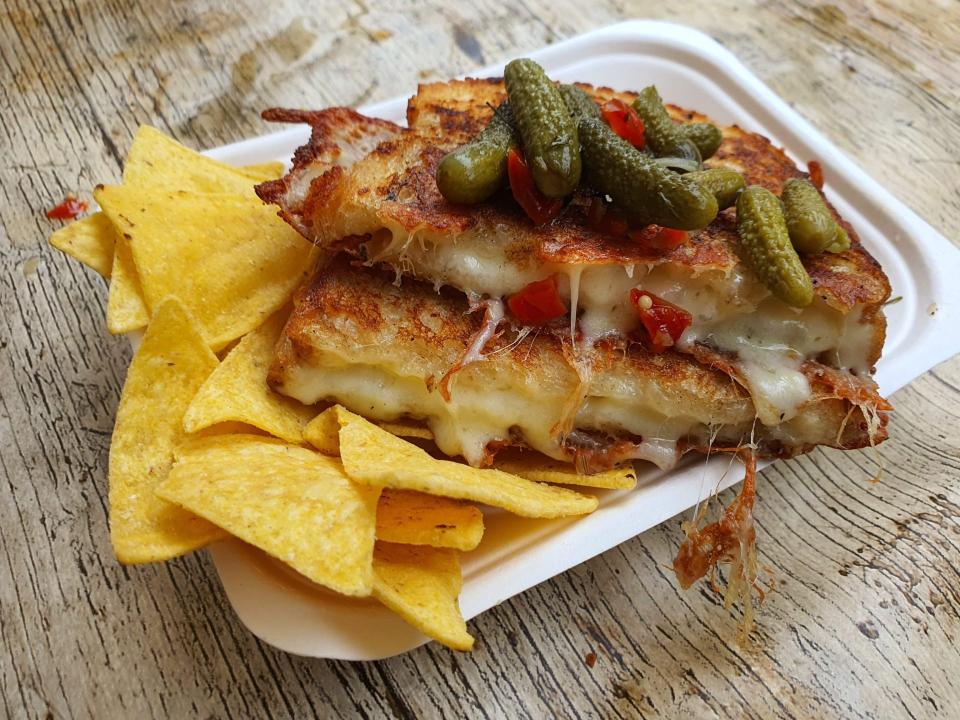 Grilled cheese with pickles and nachos